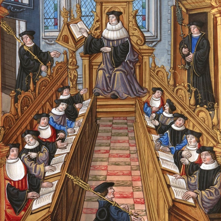 Sammankomst av doktorer vid universitetet i Paris. Miniatyr ur en handskrift av "Chants royaux"
