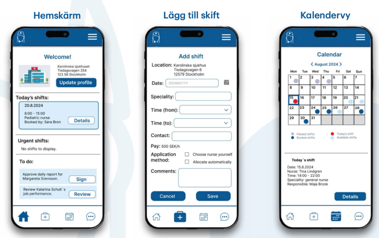Prototypbild ur appen Portabel Health. Vårdgivaren kan fylla i lediga arbetspass.