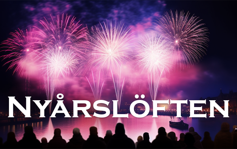 Ordet Nyårslöften mot en bakgrund av fyrverkerier. AI-genererad bild.