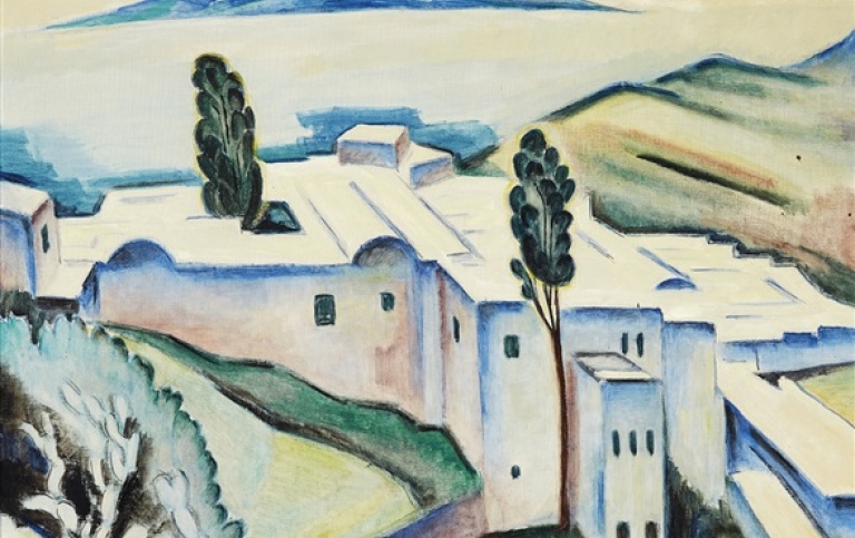Oljemålning föreställande kustvy från Sidi Bou Said utanför Tunis, 1923 av Agnes Cleve.