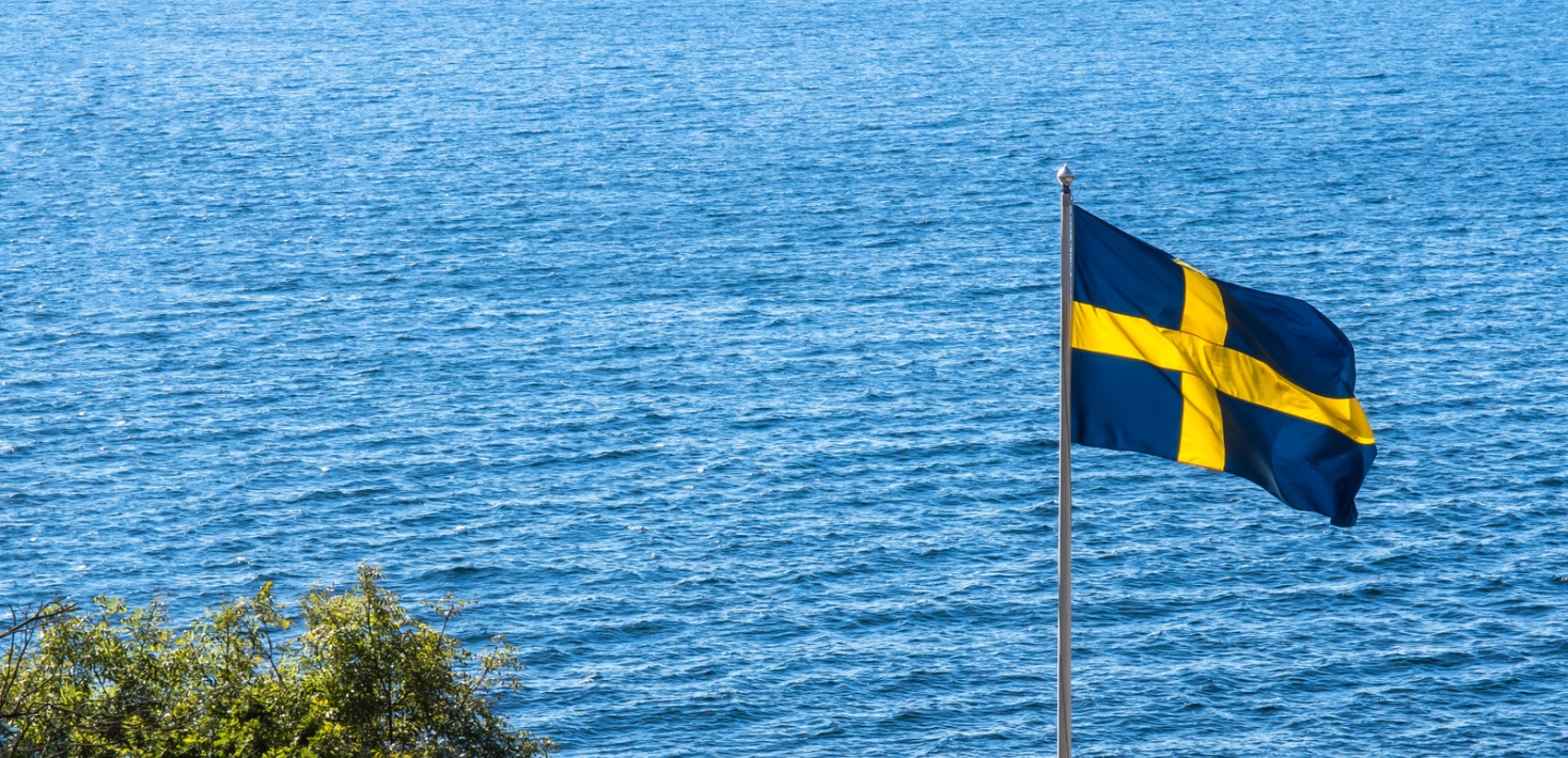 Svenska flaggan och träd i förgrunden. Havet i bakgrunden