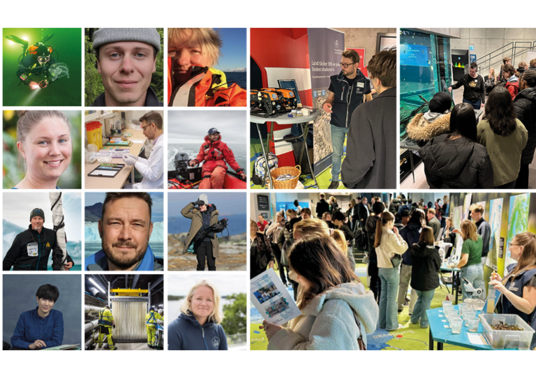 Bildcollage av talarporträtt och utställningsmiljöer med besökare vid Baltic Sea Science Center.
