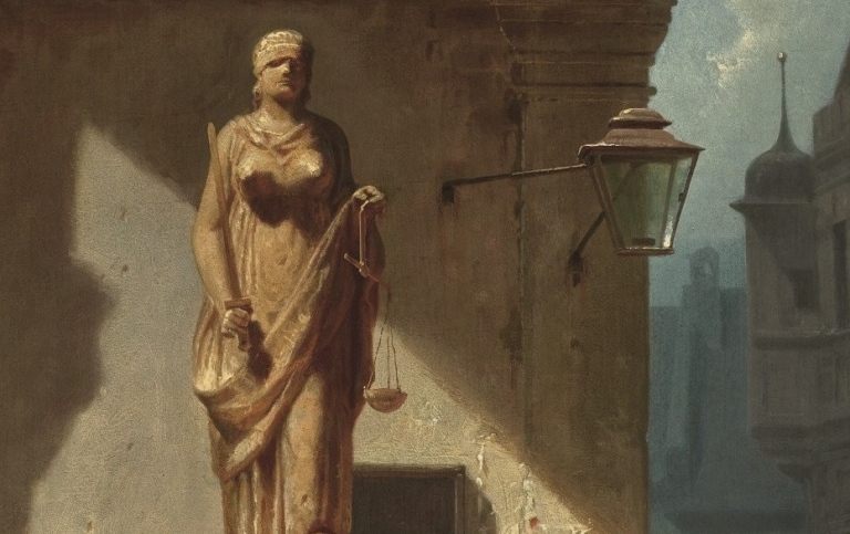 Konstverk med fru justitia som staty