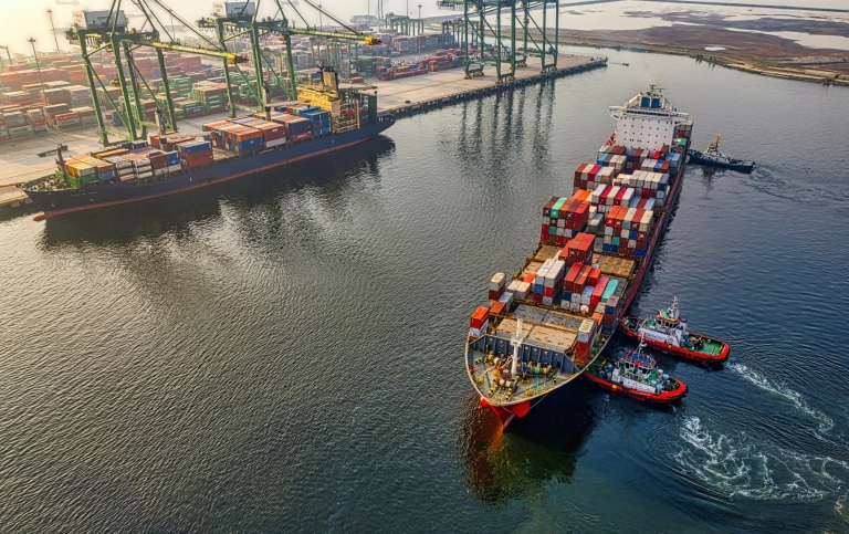 Drone photo of cargo ships with containers in a port.