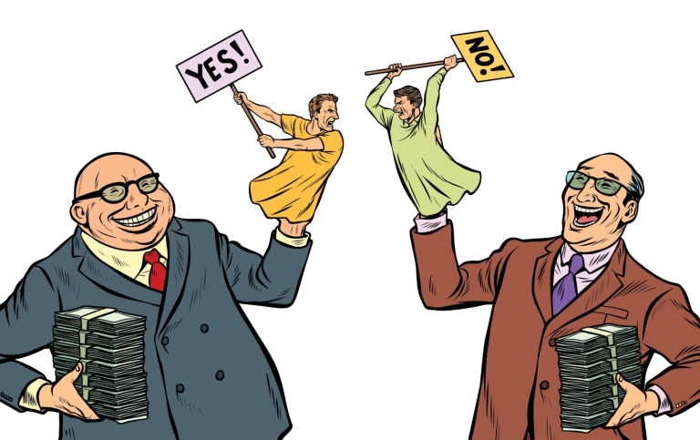 Two cartoon men in suits laughing. They have hand puppets with the signs "yes" and "no" respectively
