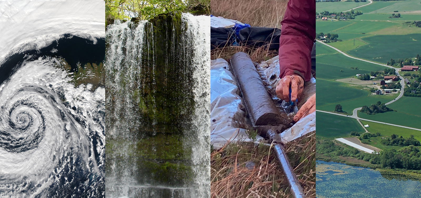 Picture illustrating the Bolin Centre's four Research Themes. The picture consists of photos by NASA, Karin Jonsell, Jenny Sjötröm and Sara Cousins.