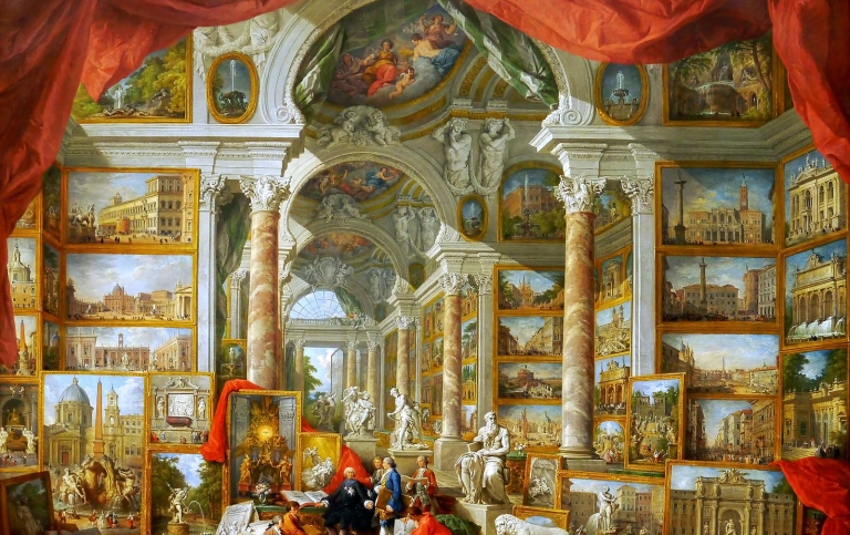 1700-talsmålning som föreställer galleri över tavlor av moderna Rom.