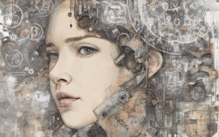 Illustration of young woman surrounded by mechanics and digital language symbols