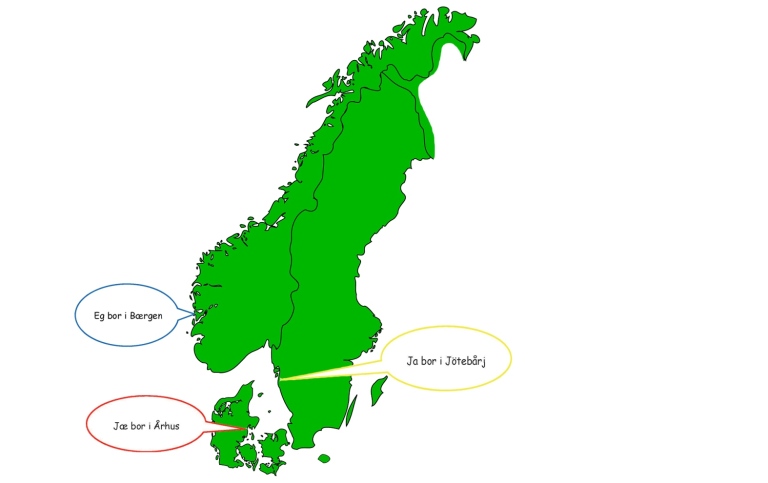 Karta Sverige Norge Danmark med pratbubblor med talspråkliga fraser på respektive språk "Jag bor i".