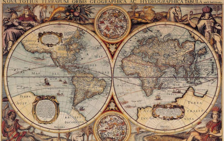 Karta över världen från 1584. Två cirklar som visar Nord- och Sydamerika och Europa, Afrikas, Asien