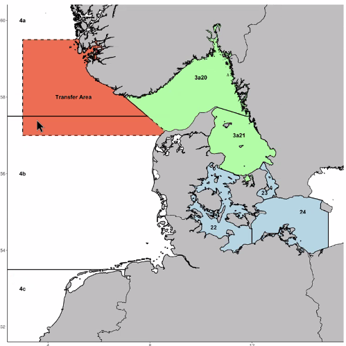 Karta över fiskeområdena i Nordsjön, Skagerrak och Kattegatt, med "övergångsområdet" utanför Norges kust markerat.