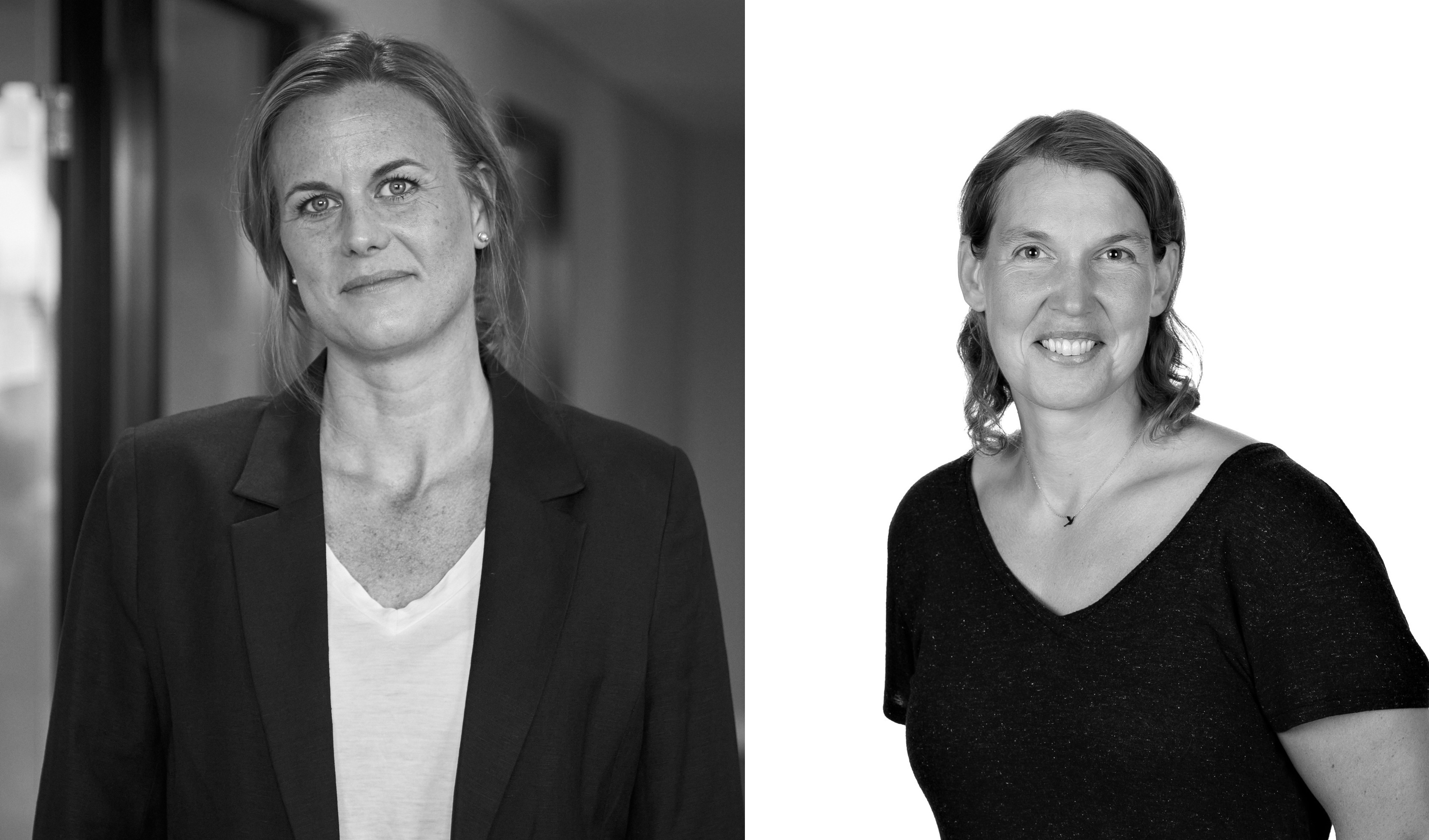 A collage of two black and white pictures of the two women.