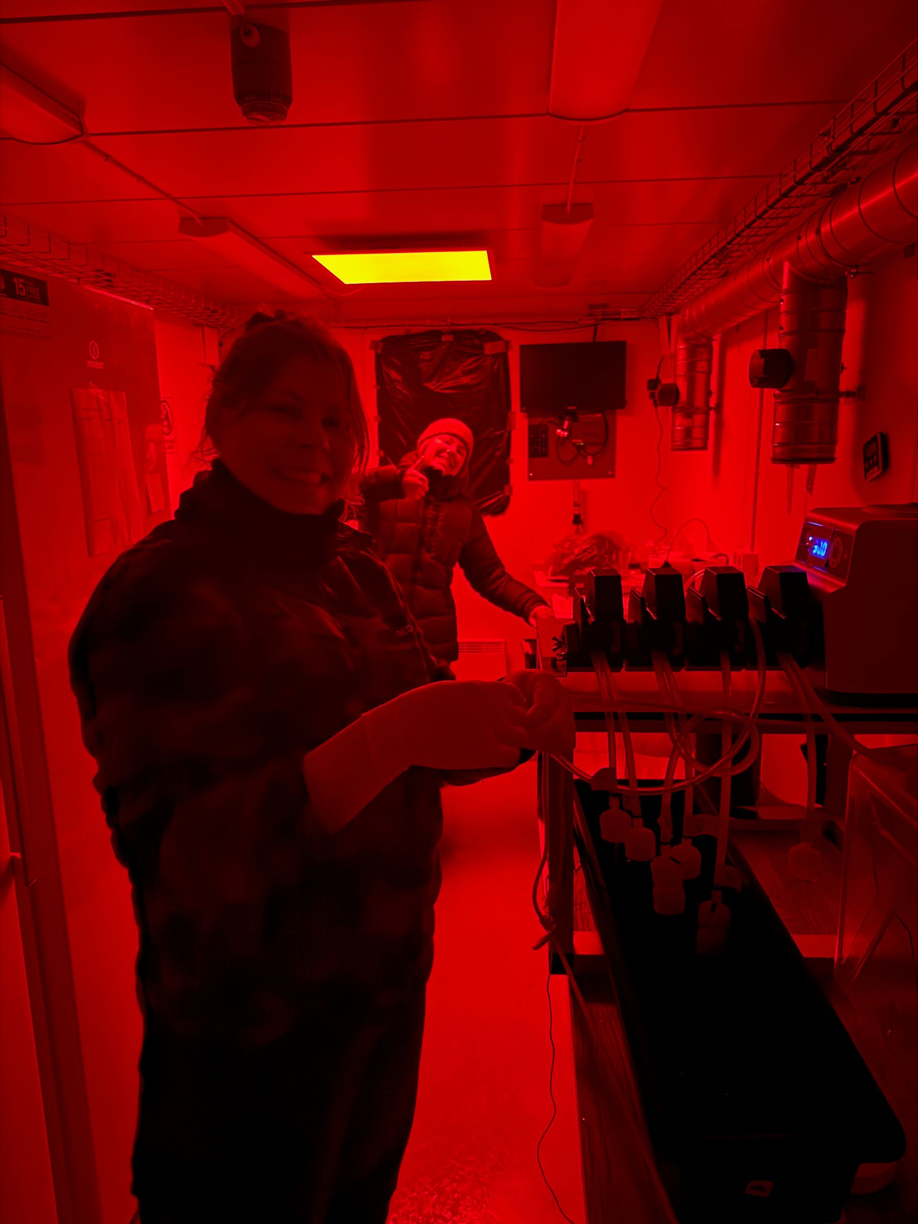 Caption: Katerina Wagner (Linnaeus University) and Miriam Marcelle De Vries (Stockholm University and UNIS) in the red light biology lab.