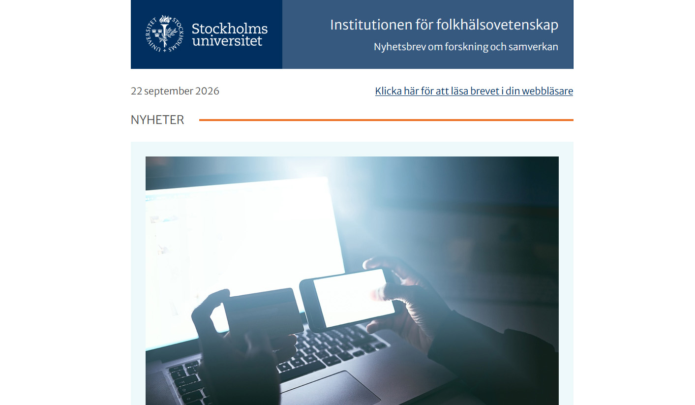 Skärmdump av Institutionen för folkhälsovetenskaps nyhetsbrev