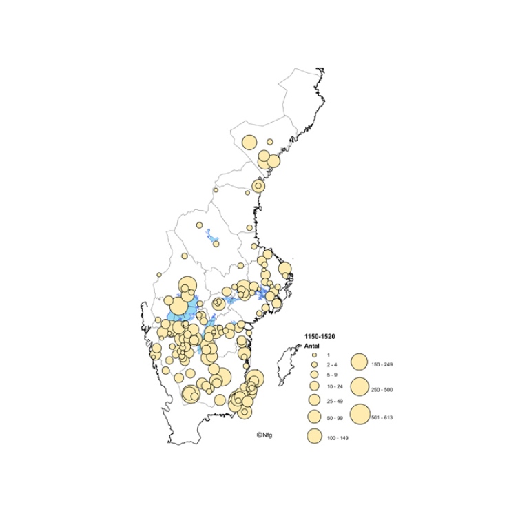 Kyrkor med myntfynd från hela medeltiden 1150-1520.