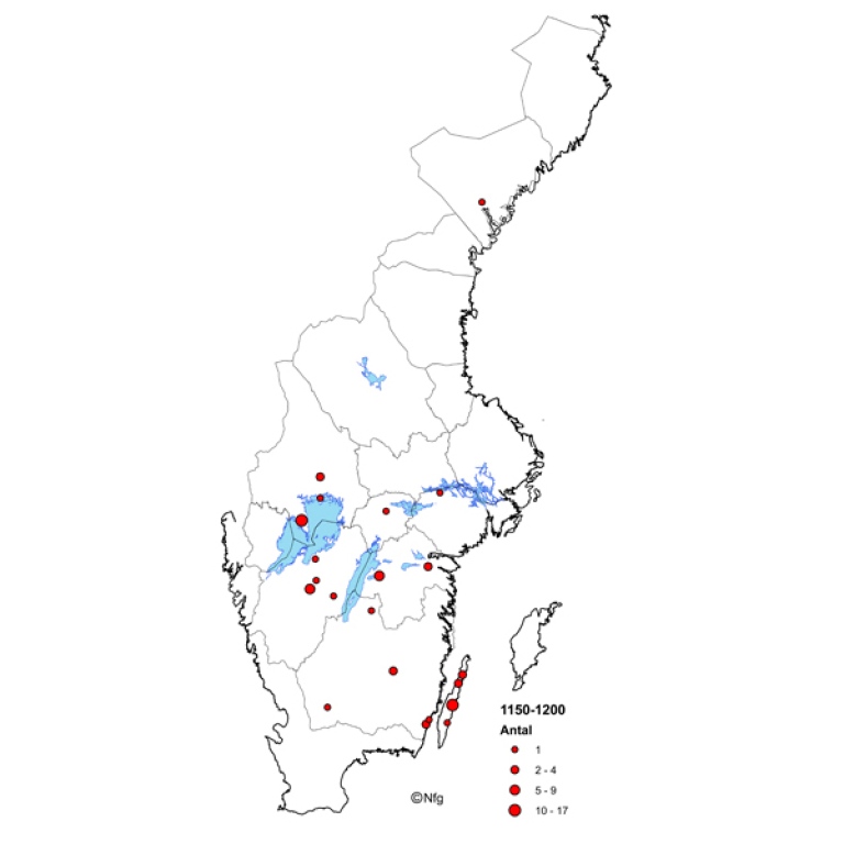 Kartan visar myntfynd i medeltida kyrkor från perioden 1150-1200