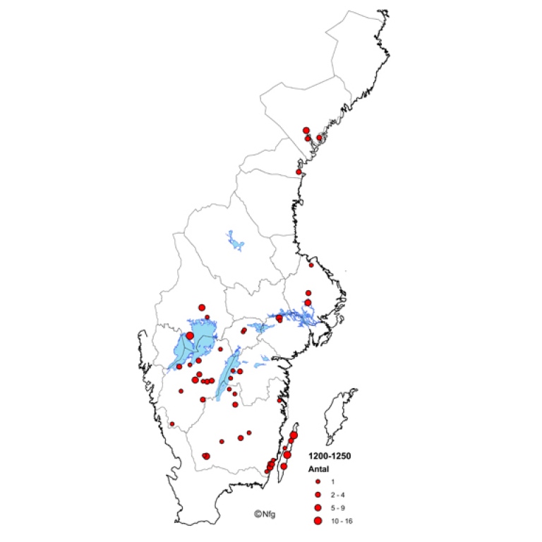 Kartan visar myntfynd i medeltida kyrkor från perioden 1200-1250