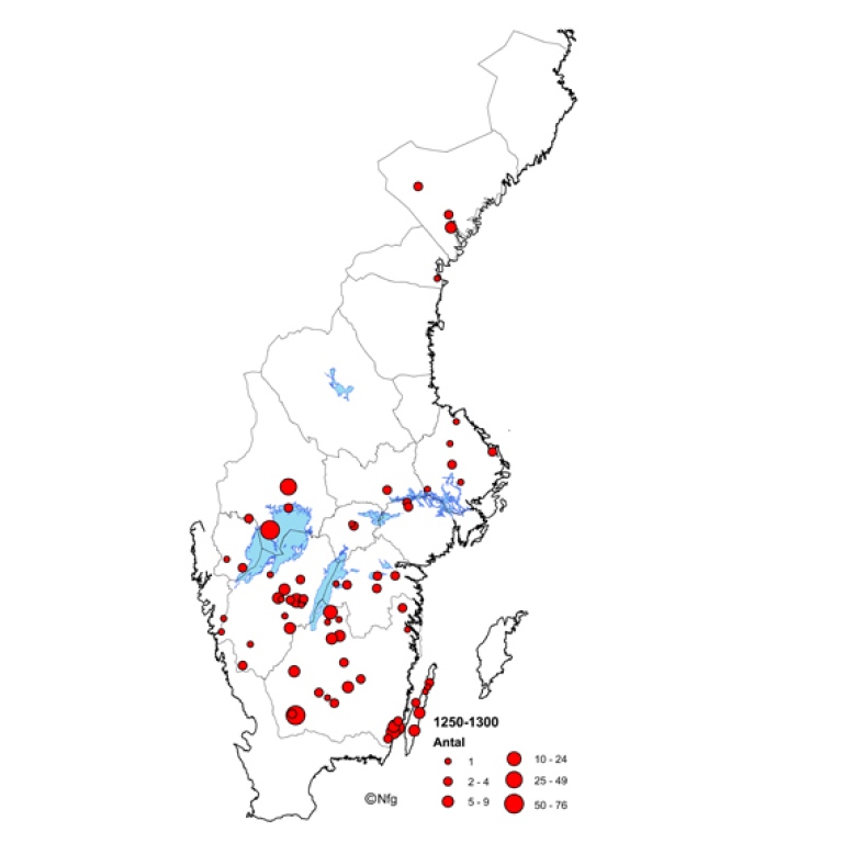 Karta som visar kyrkor med myntfynd från perioden 1250-1300