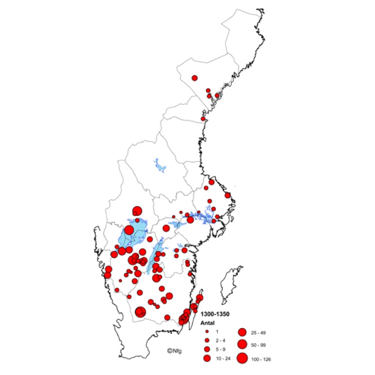 Karta som visar kyrkor med myntfynd från perioden 1300-1350