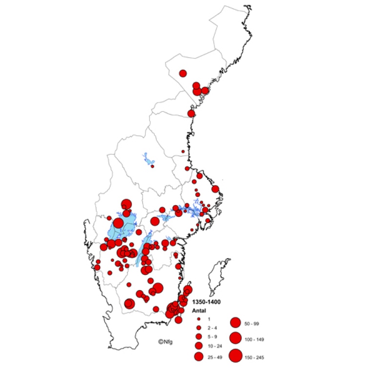 Karta som visar kyrkor med myntfynd från perioden 1350-1400