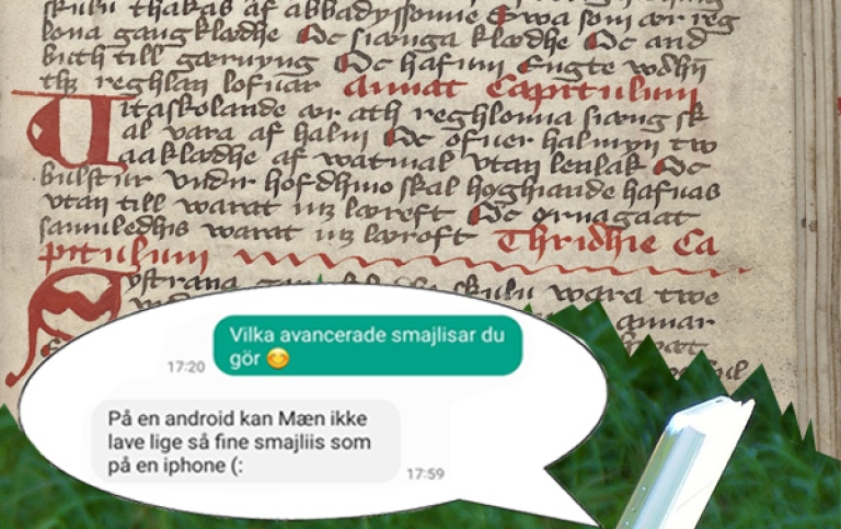 Medeltida handskrift, sms-bubblor och hand som håller en mobiltelefon