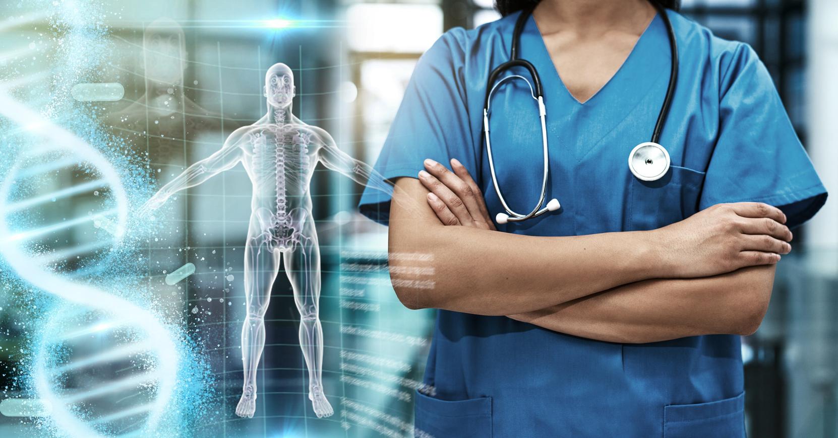 Medical worker and AI symbols