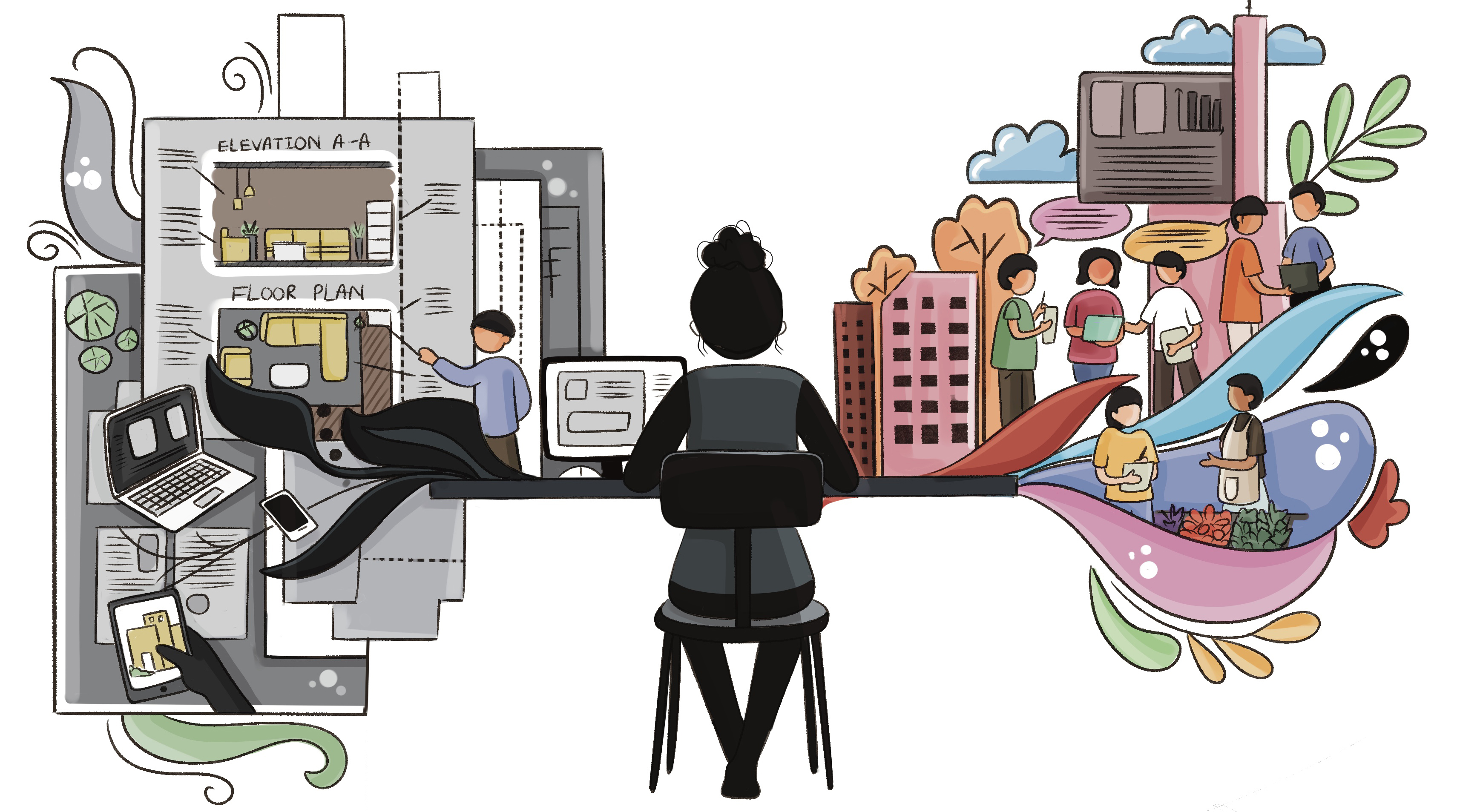 Illustration of a designer working at her desk.