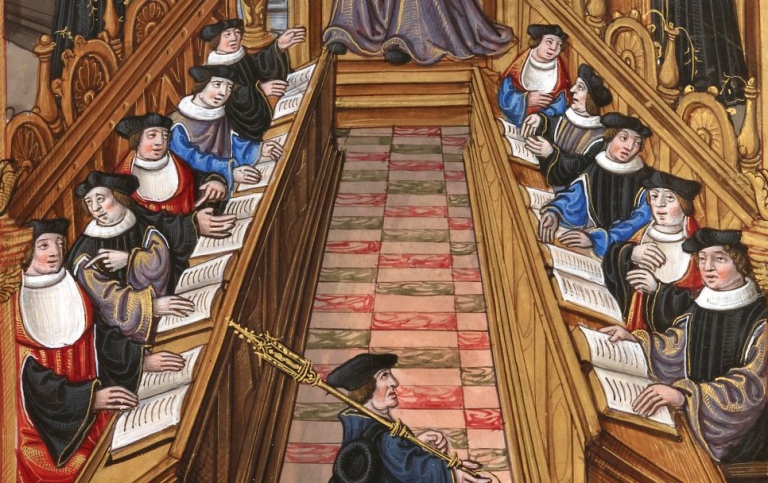 Sammankomst av doktorer vid universitetet i Paris. Miniatyr ur en handskrift av "Chants royaux"