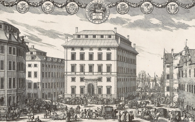 skiss föreställande Riksbanken i Stockholm, framför en massa människor. 1700-tal.