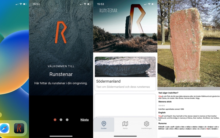 Sidor från appen med texter om och bilder på runstenar