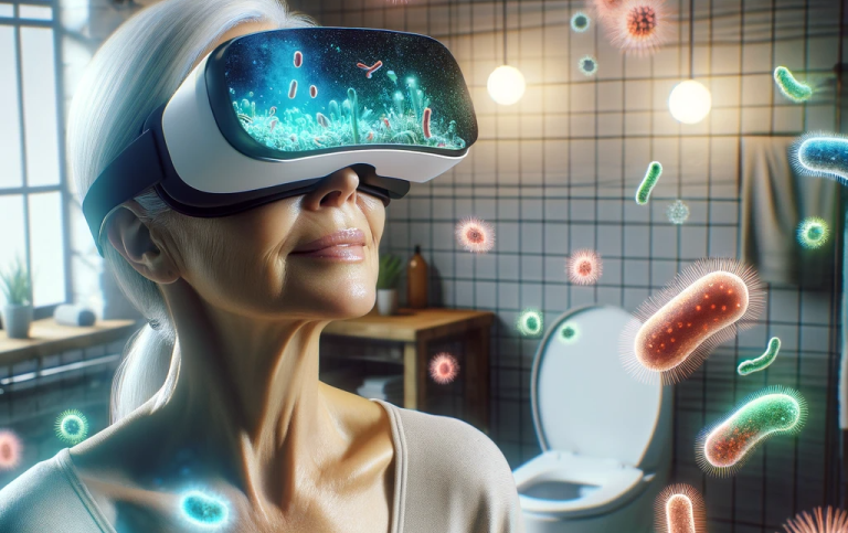 Kvinna med VR-glasögon i ett badrum med svävande färgglada bakterier.