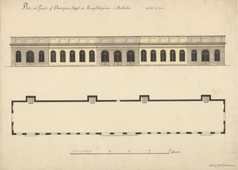 Plan och fasad av orangeriehuset i Kungsträdgården i Stockholm
