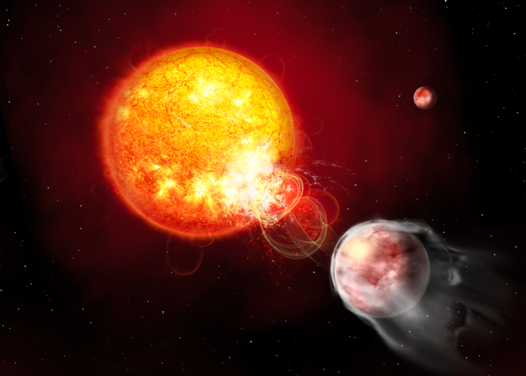 illustration över när planetens och stjärnans magnetfält kopplar samman och orsakar facklor.