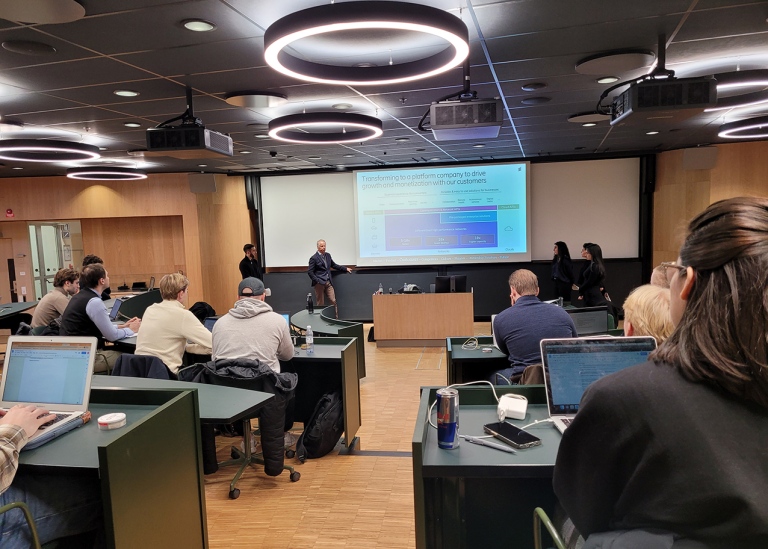 Students interviewing Peter Nyquist, Head of Investor Relations at Ericsson