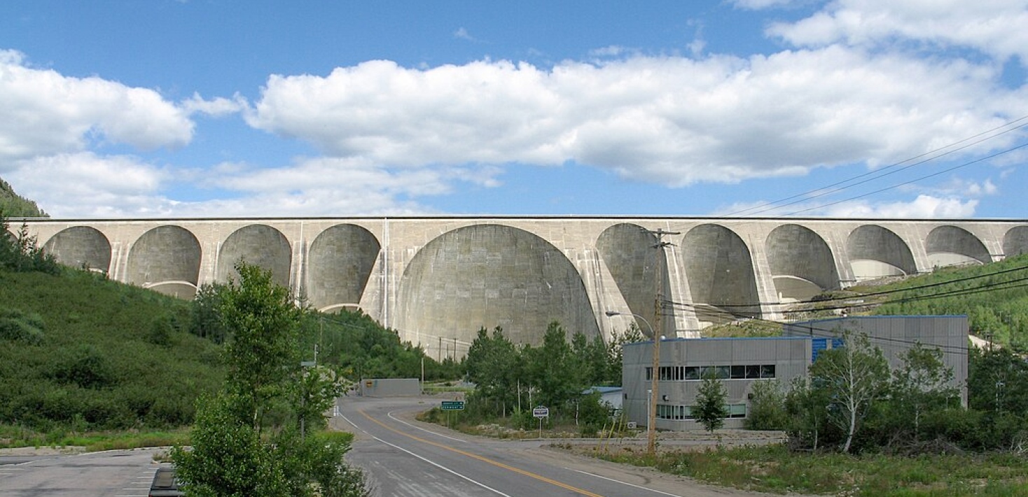 The Daniel-Johnson Dam, located 214 km north of Baie-Comeau, Quebec. The dam constructed between 196