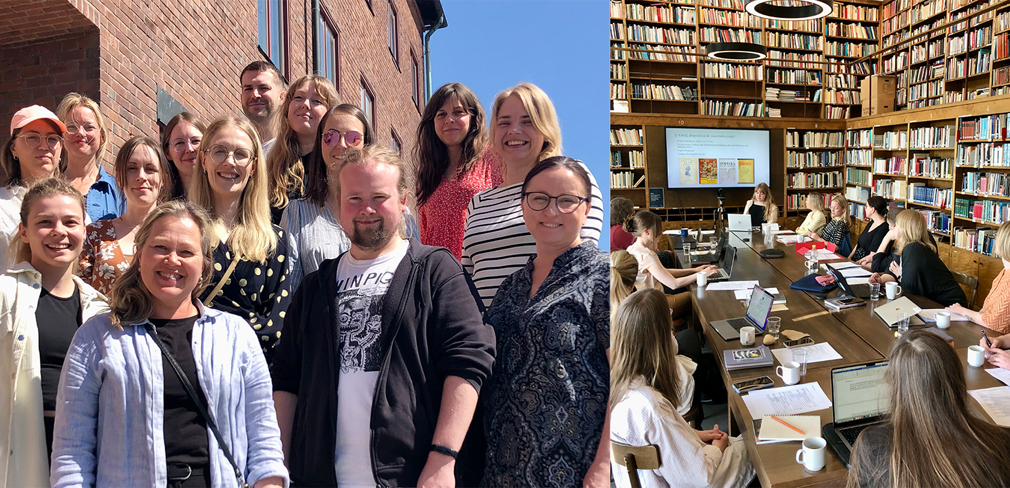 Bild 1: Tolv personer står samlade i solen. Bild 2: personer runt ett mötesbord i ett bibliotek