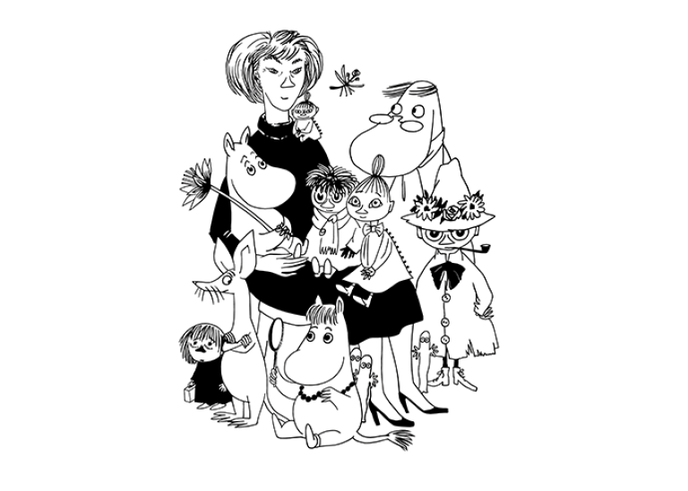 Teckning i svartvitt föreställande Tove Jansson omgiven av karaktärerna från sagan om Mumintrollet.