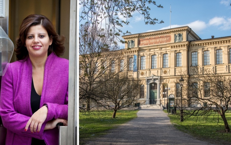 Frantzeska Papadopoulou till vänster och en bild på Kungliga biblioteket till höger