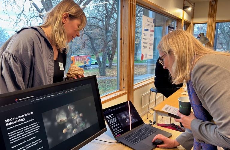 Linnéa Tjernström, kommunikatör på Umeå universitet demonstrerar servicetjänsten InfraVis för Susann