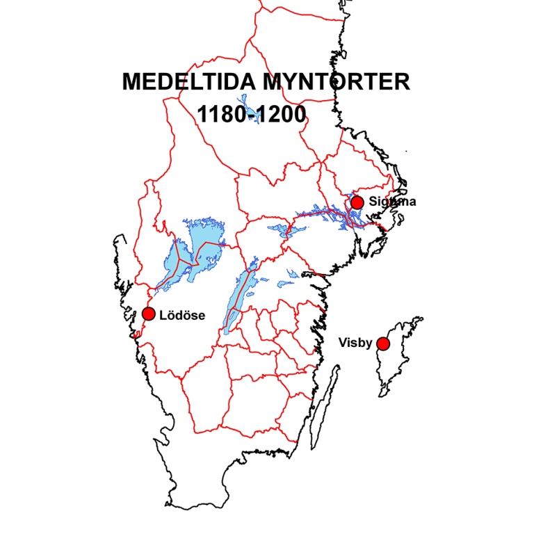 Karta som visar medeltida myntorter 1180-1200