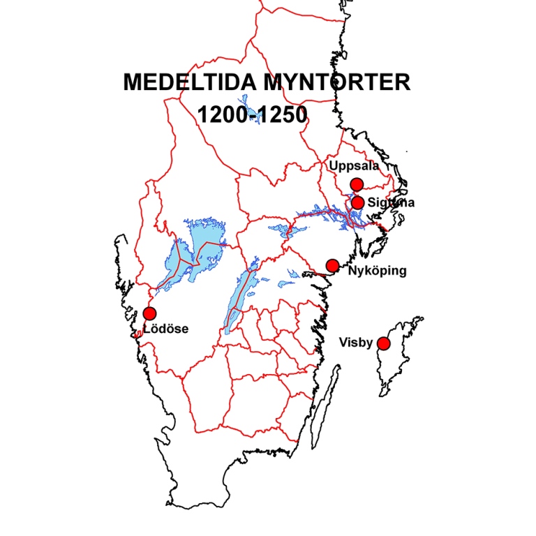Karta som visar medeltida myntorter i Sverige 1200-1250