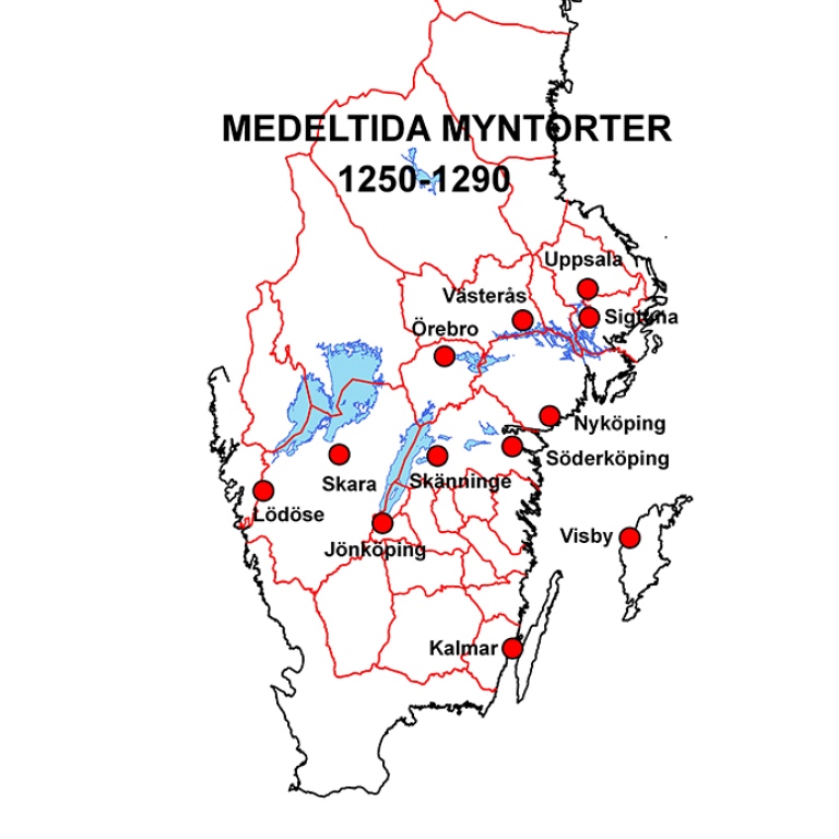 Karta som visar medeltida myntorter i Sverige 1250-1290