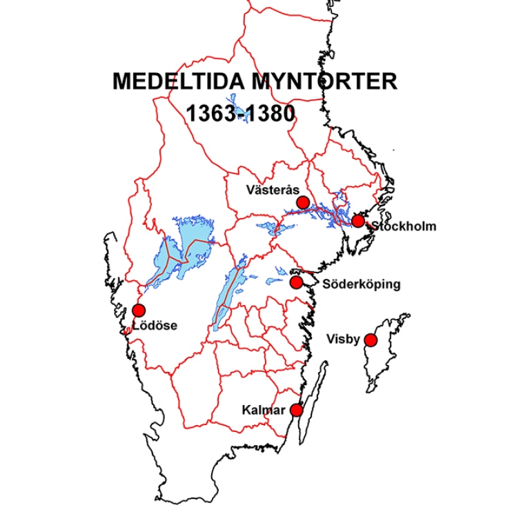 Karta som visar medeltida myntorter i Sverige 1363-1380