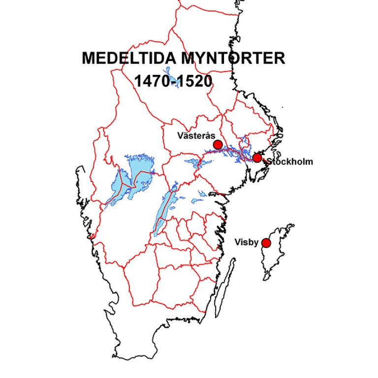 Karta som visar medeltida myntorter i Sverige 1470-15-20