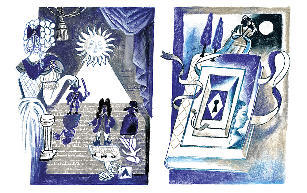 Illustrations in black blue and white.