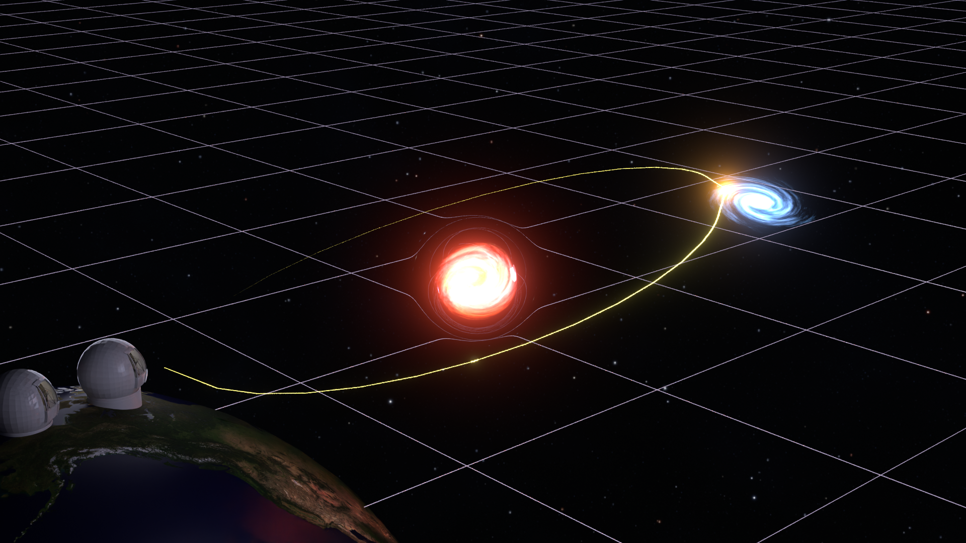 Light from a supernova passing through a gravitational lens, reaching Earth at different times