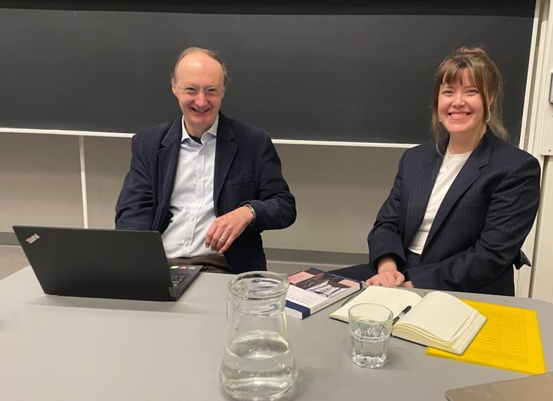 Julia Fernelius with her opponent, professor Max Saunders.