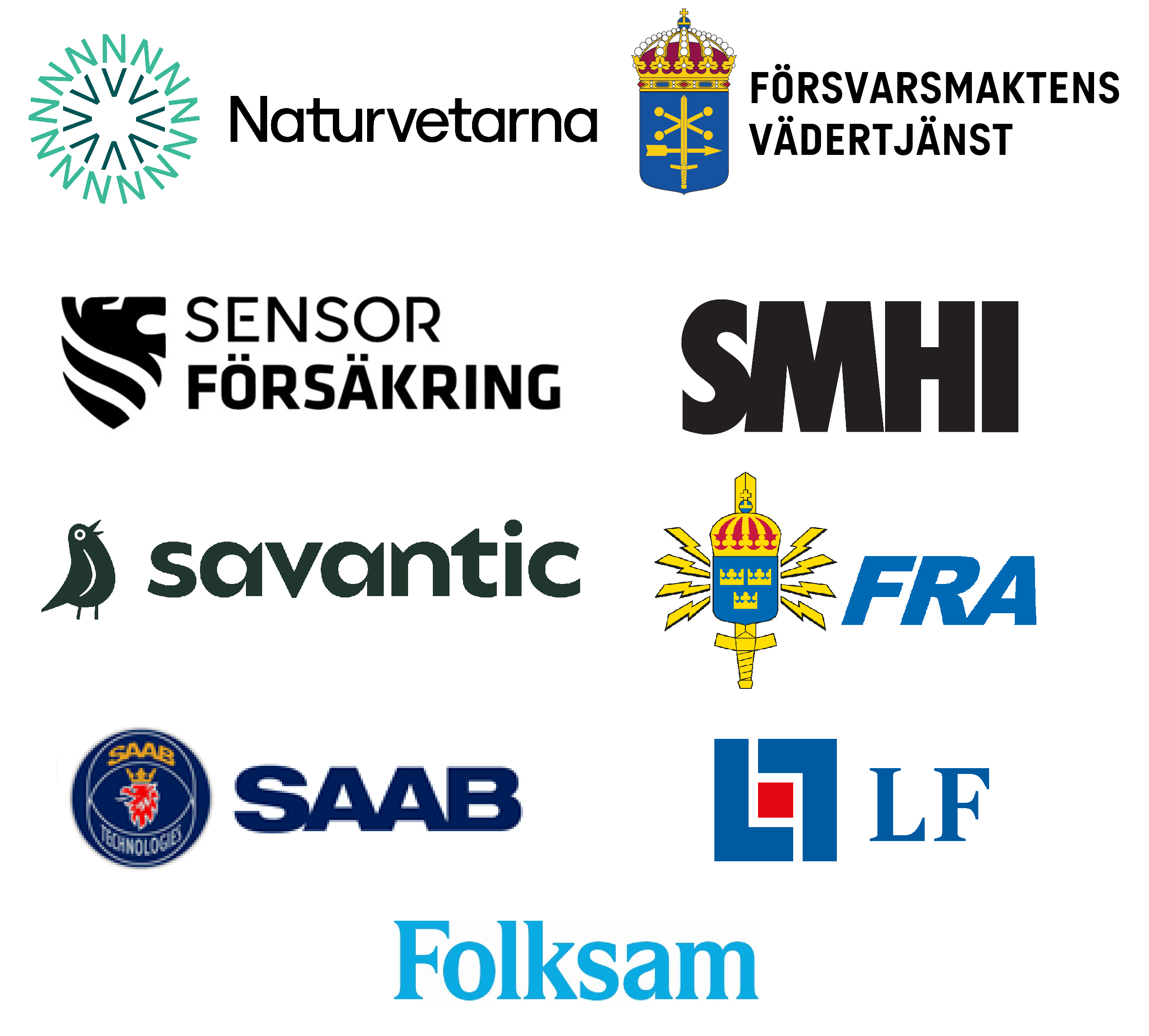 Logotyper: Naturvetarna, Försvarsmaktens vädertjänst, Sensor Försäkring, SMHI, Savantic och FRA