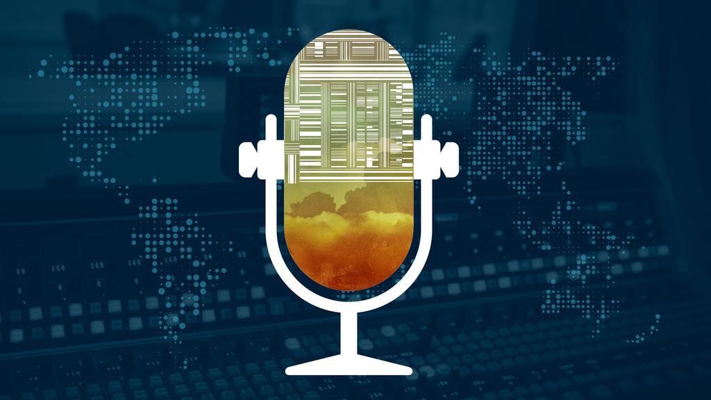 Illustration för radioprogrammet Studio Ett: en stiliserad mikrofon med ett mönstrat övre parti och ett landskapsmotiv i nedre delen, placerad framför en mörk bakgrund med ljudstudio och världskarta. I den mindre versionen syns texten ”Studio Ett” samt logotyperna för P1 och SR.
