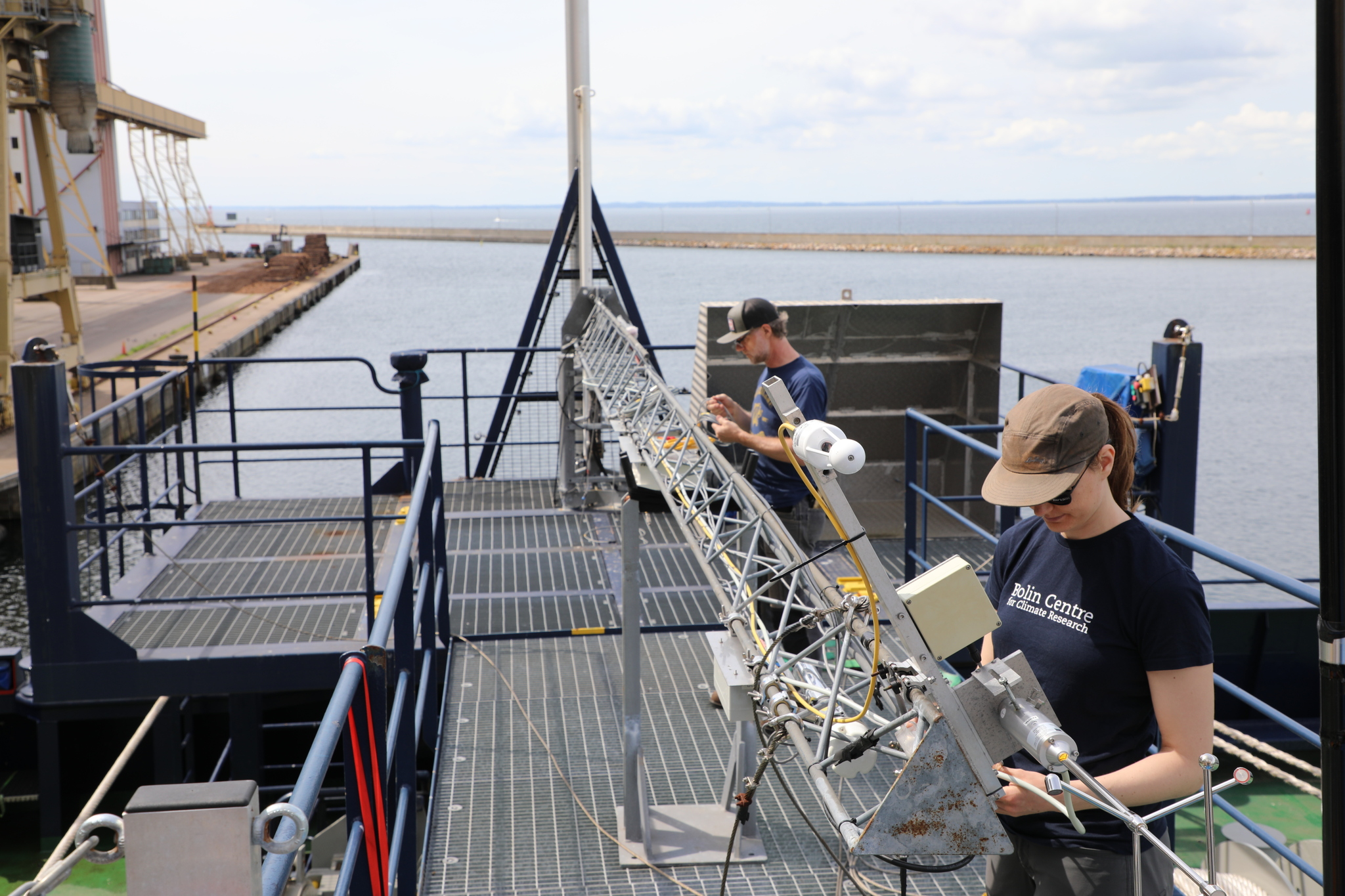 Image: Linnea and Matthew installing energy flux instruments on the foredeck of I/B Oden.